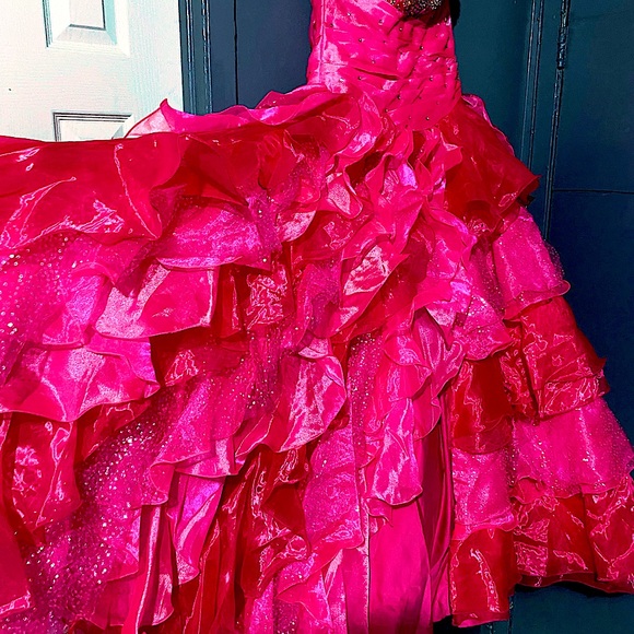 Strapless Pink PROM DRESS WITH IRIDESCENT EMBROIDERED bodice with ruffle bottom. - Picture 8 of 11